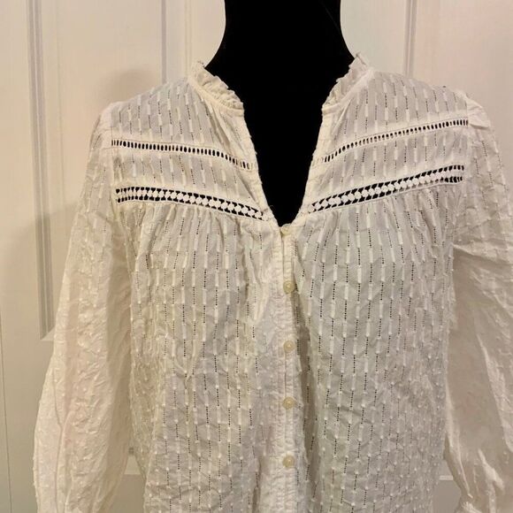 Loft White Cotton V Neck Long Sleeve Ruffle Trim Top Small - Picture 3 of 11